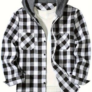 Men's Flannel Hoodie Jacket Casual Long Sleeve Button Down Plaid Shirt Size 3XL